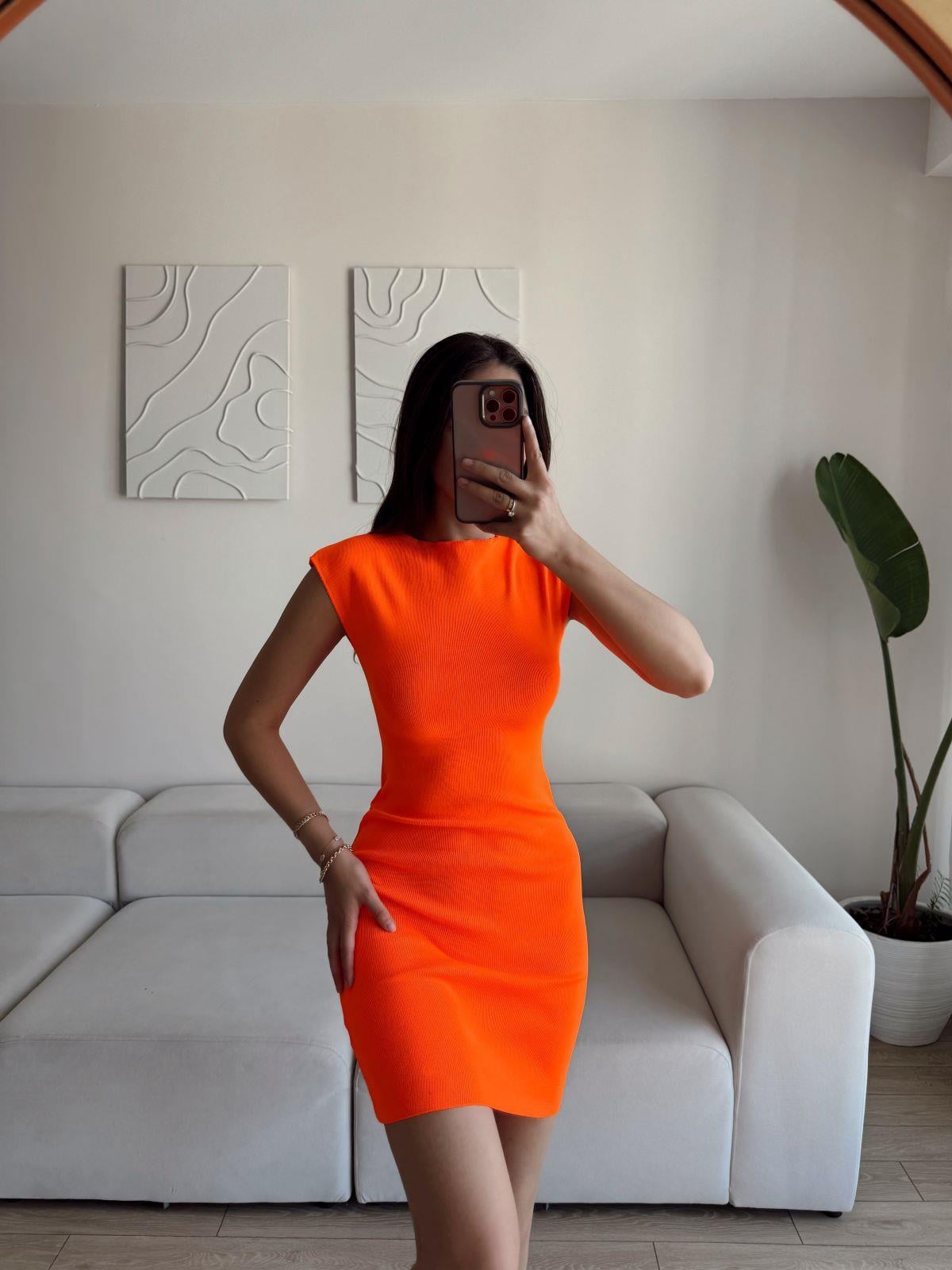Rheai Yuvarlak Yaka Mini Elbise 7565 ORANJ