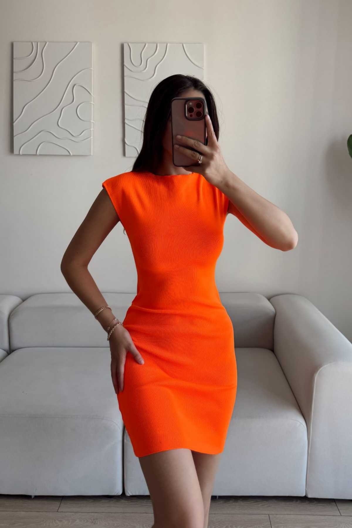 Rheai Yuvarlak Yaka Mini Elbise 7565 ORANJ