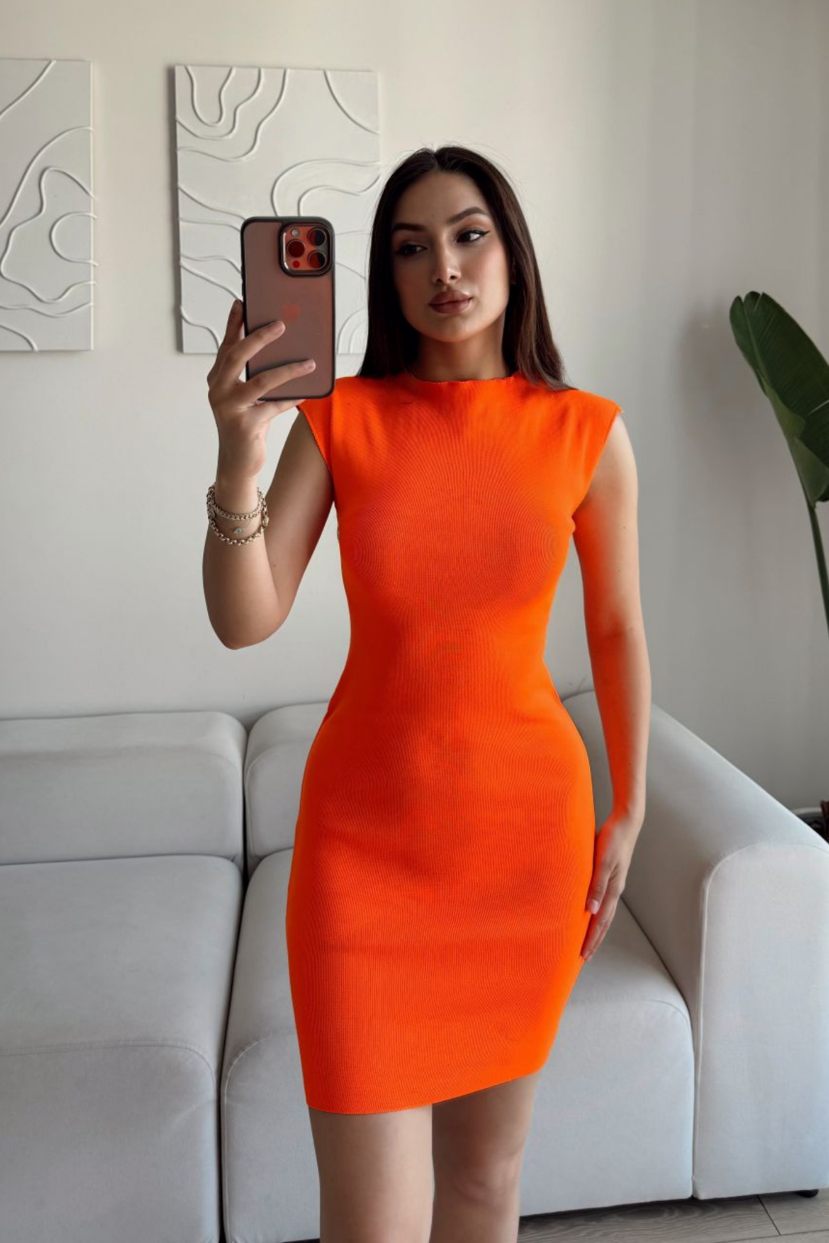Rheai Yuvarlak Yaka Mini Elbise 7565 ORANJ