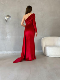 Rosabella Tek Kol Kadife Abiye 582269 KIRMIZI
