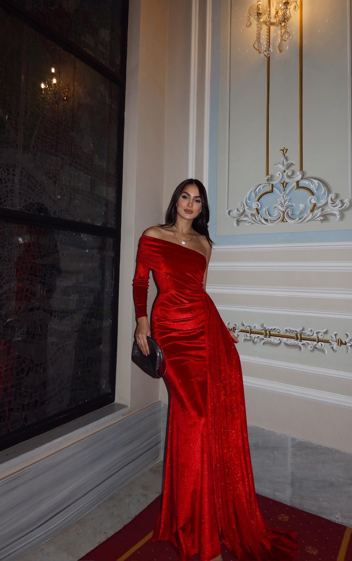 Rosabella Tek Kol Kadife Abiye 582269 KIRMIZI