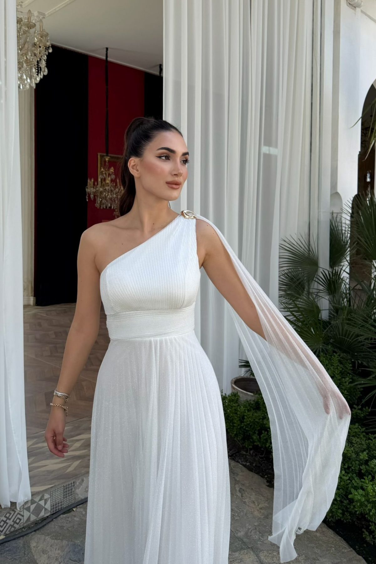 Rüya Tek Kol Omuz Tokalı Sim Detay Abiye 9388 BEYAZ
