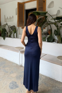 Senda V Yaka Yırtmaçlı Simli Maxi Elbise 40117 LACİVERT