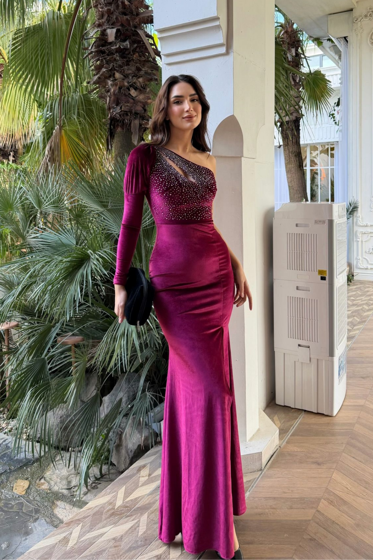 Seren Tek Kol Kadife Abiye 583102 BORDO