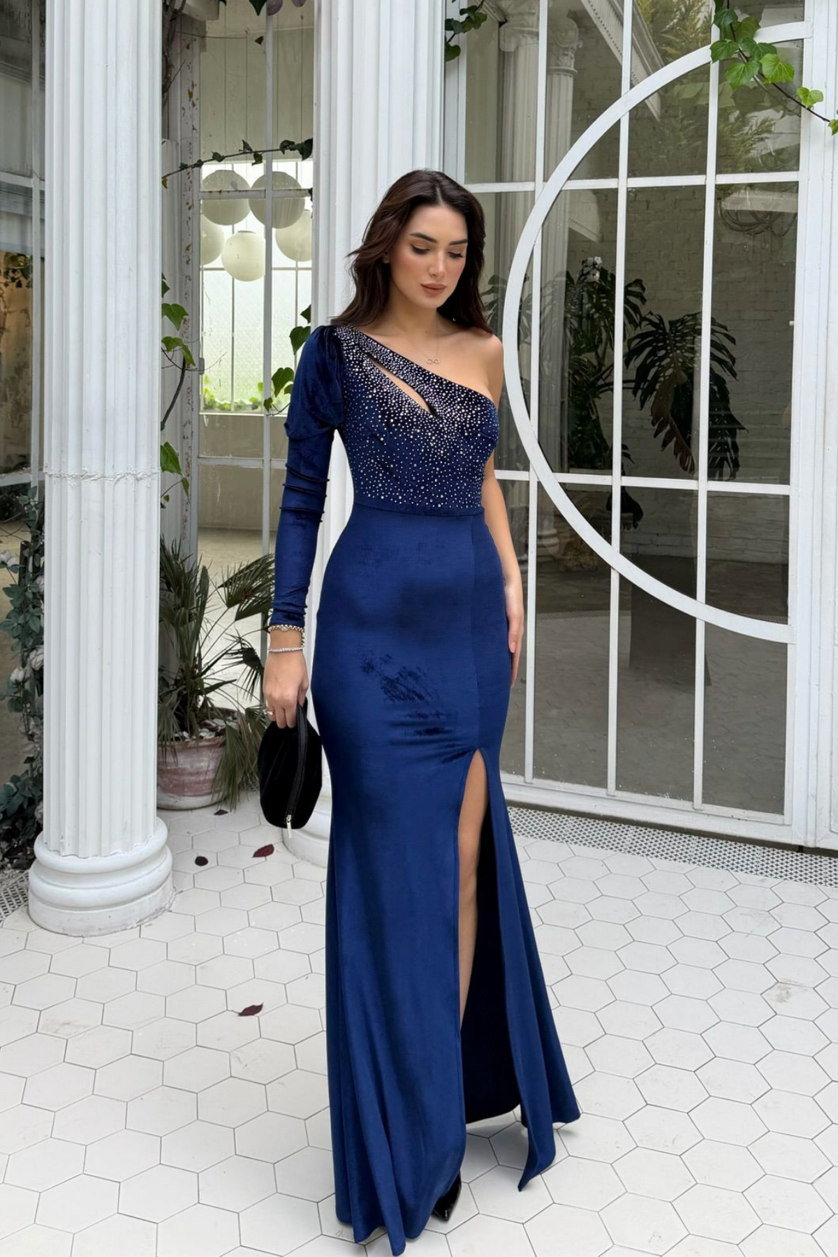 Seren Tek Kol Kadife Abiye 583102 LACİVERT