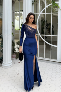 Seren Tek Kol Kadife Abiye 583102 LACİVERT