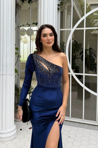 Seren Tek Kol Kadife Abiye 583102 LACİVERT