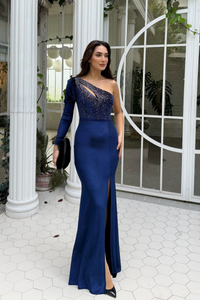 Seren Tek Kol Kadife Abiye 583102 LACİVERT