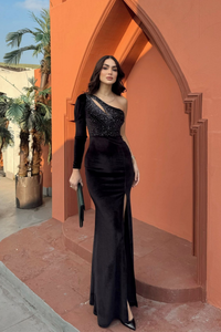 Seren Tek Kol Kadife Abiye 583102 SİYAH