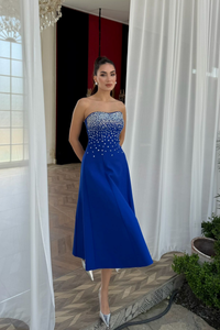 Sezay Taş İşleme Straplez Midi Elbise 1019 SAKS MAVİSİ