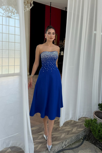 Sezay Taş İşleme Straplez Midi Elbise 1019 SAKS MAVİSİ