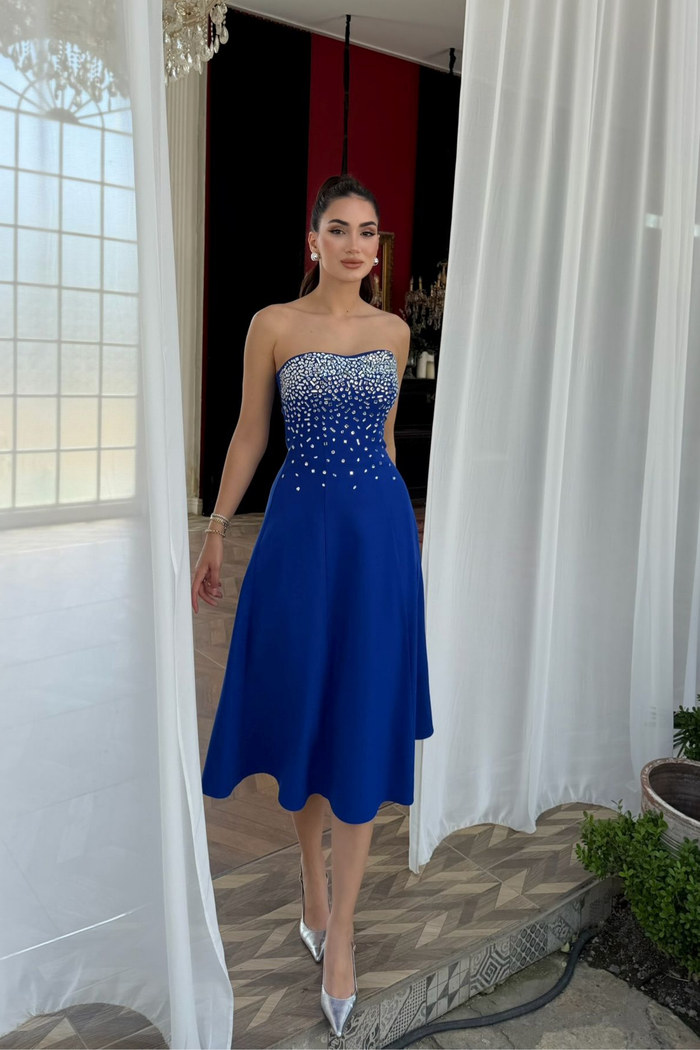 Sezay Taş İşleme Straplez Midi Elbise 1019 SAKS MAVİSİ