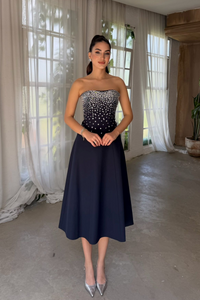 Sezay Taş İşleme Straplez Midi Elbise 1019 LACİVERT