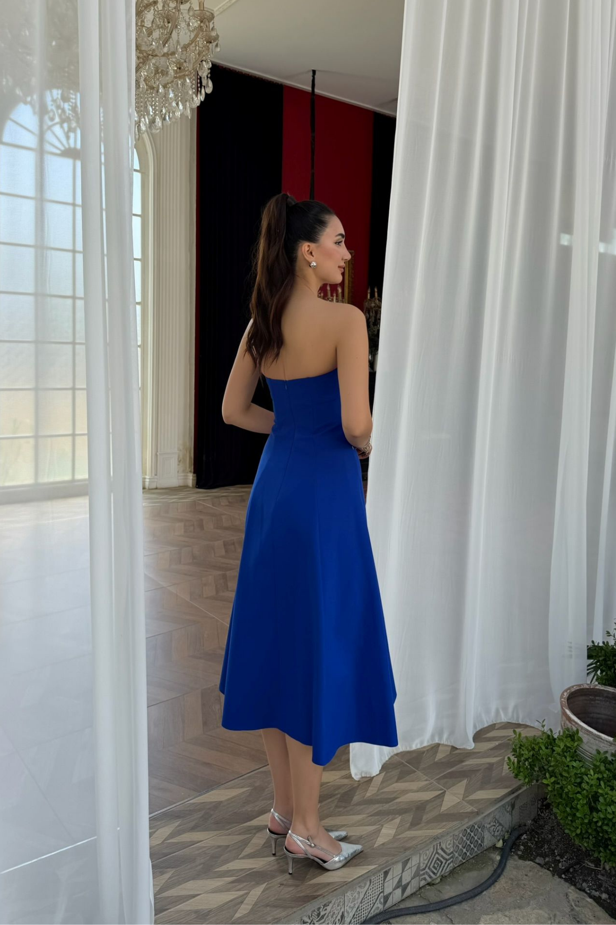 Sezay Taş İşleme Straplez Midi Elbise 1019 SAKS MAVİSİ