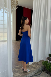 Sezay Taş İşleme Straplez Midi Elbise 1019 SAKS MAVİSİ