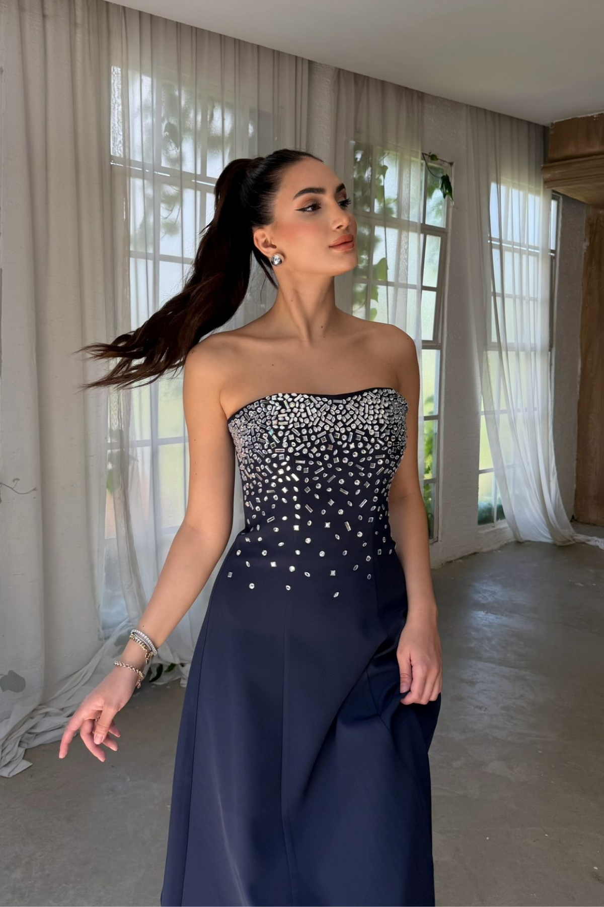 Sezay Taş İşleme Straplez Midi Elbise 1019 LACİVERT