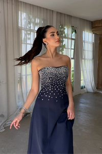 Sezay Taş İşleme Straplez Midi Elbise 1019 LACİVERT