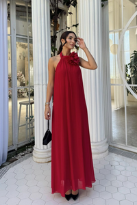 Sezen Gül Detay Şifon Abiye 9351 KIRMIZI