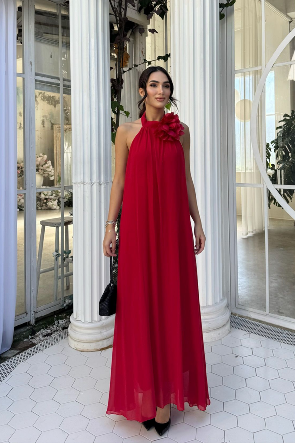 Sezen Gül Detay Şifon Abiye 9351 KIRMIZI