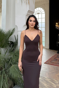 Shion İp Askılı Sandy Kumaş Maxi Elbise 3814 ACI KAHVE