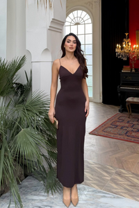Shion İp Askılı Sandy Kumaş Maxi Elbise 3814 ACI KAHVE