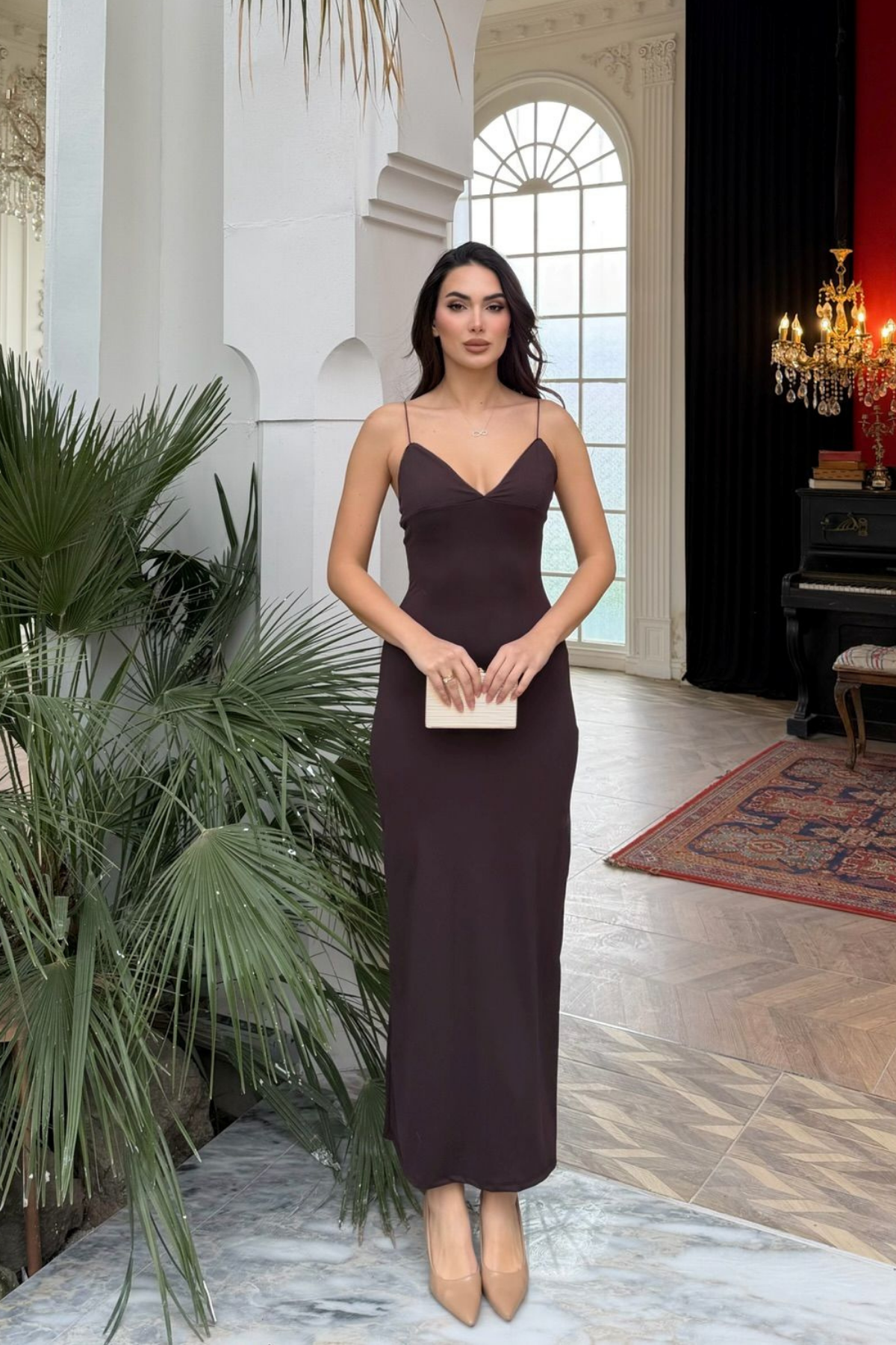 Shion İp Askılı Sandy Kumaş Maxi Elbise 3814 ACI KAHVE