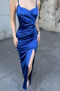 Siete İp Askı Yırtmaçlı Saten Abiye 582177 SAKS MAVİSİ