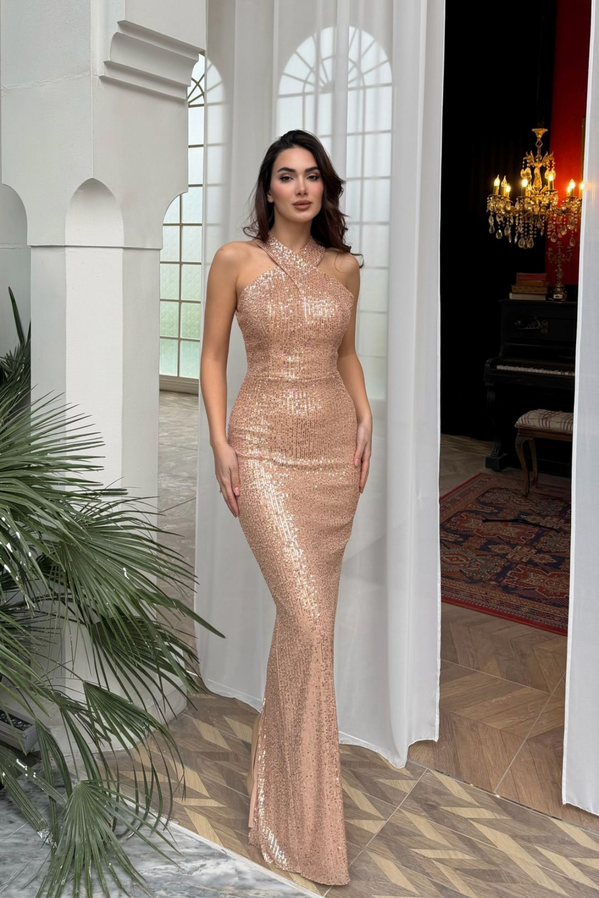 Stella Payetli Çapraz Yaka Abiye 1074 GOLD