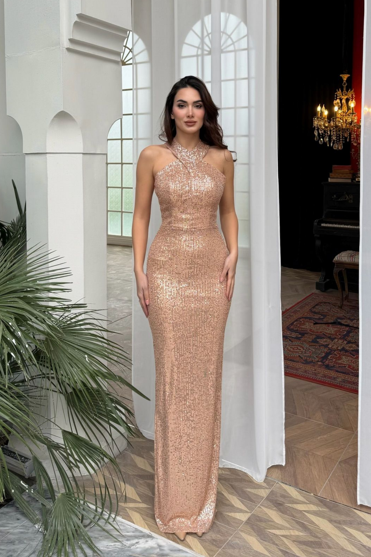 Stella Payetli Çapraz Yaka Abiye 1074 GOLD