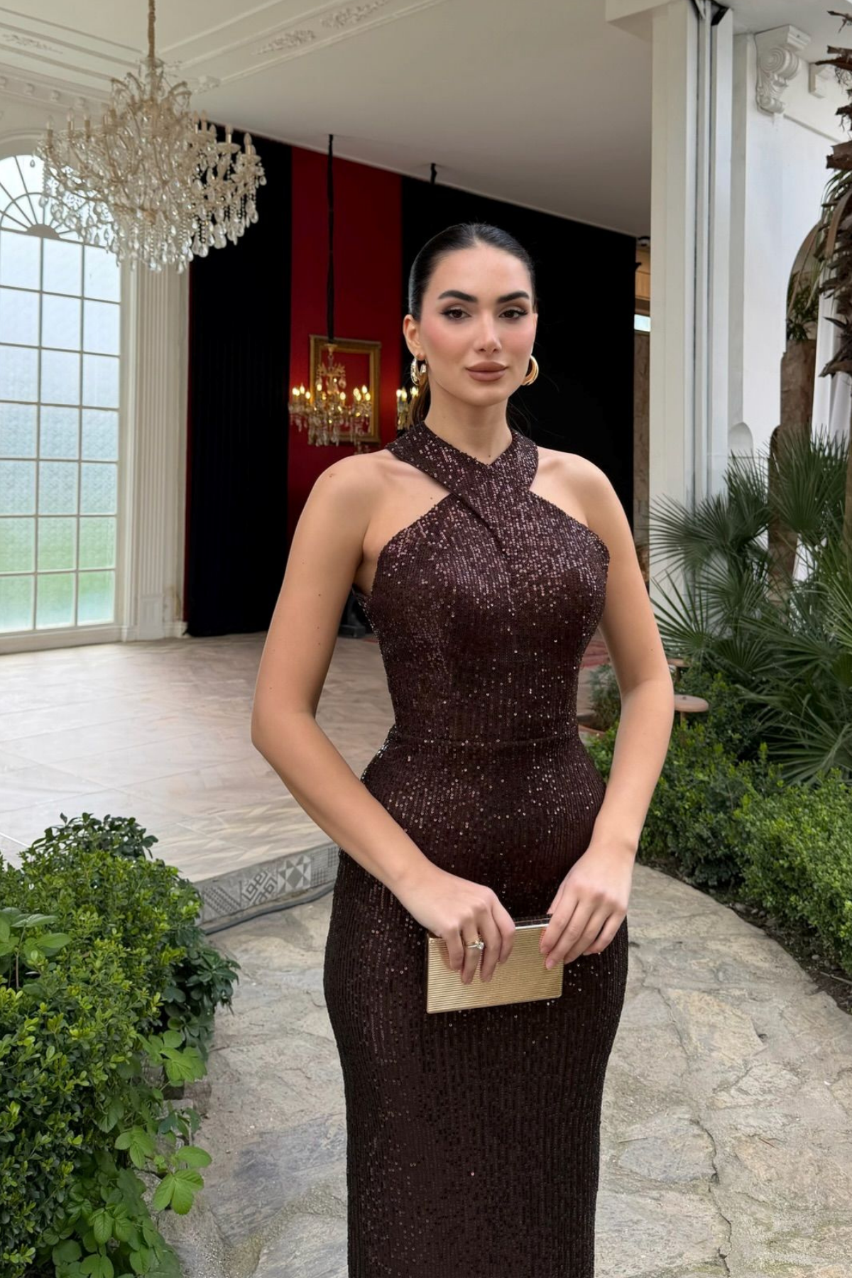 Stella Payetli Çapraz Yaka Abiye 1074 ACI KAHVE