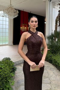 Stella Payetli Çapraz Yaka Abiye 1074 ACI KAHVE