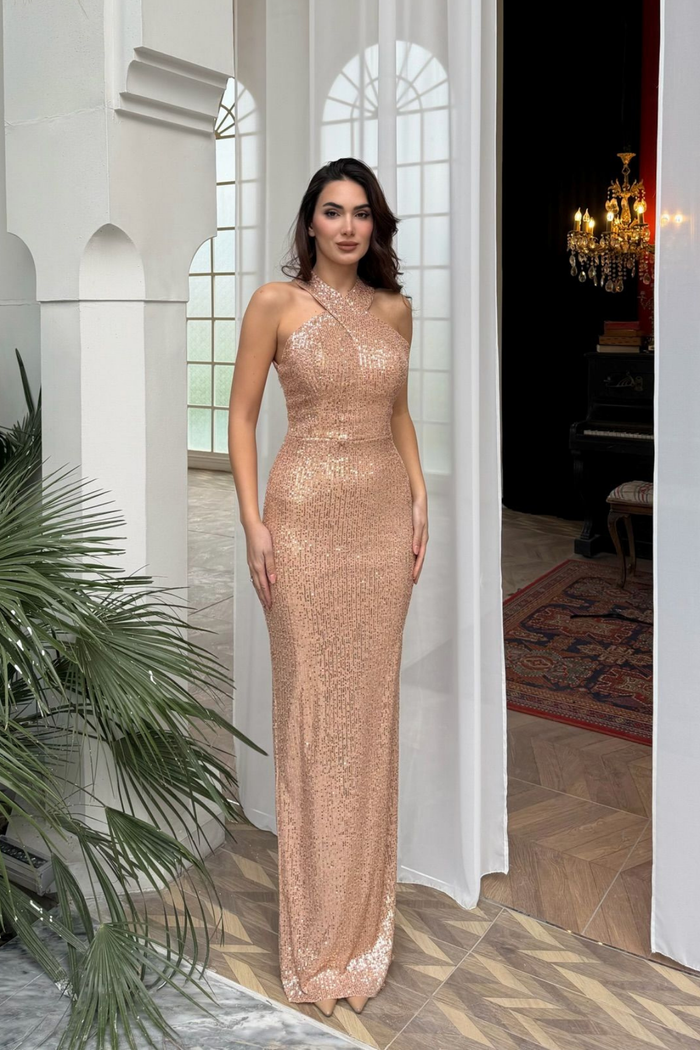 Stella Payetli Çapraz Yaka Abiye 1074 GOLD