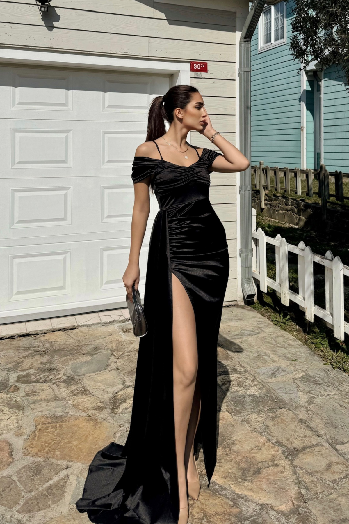 Stone Drape Yaka Yırtmaç Detay Kuyruklu Abiye 582553 SİYAH