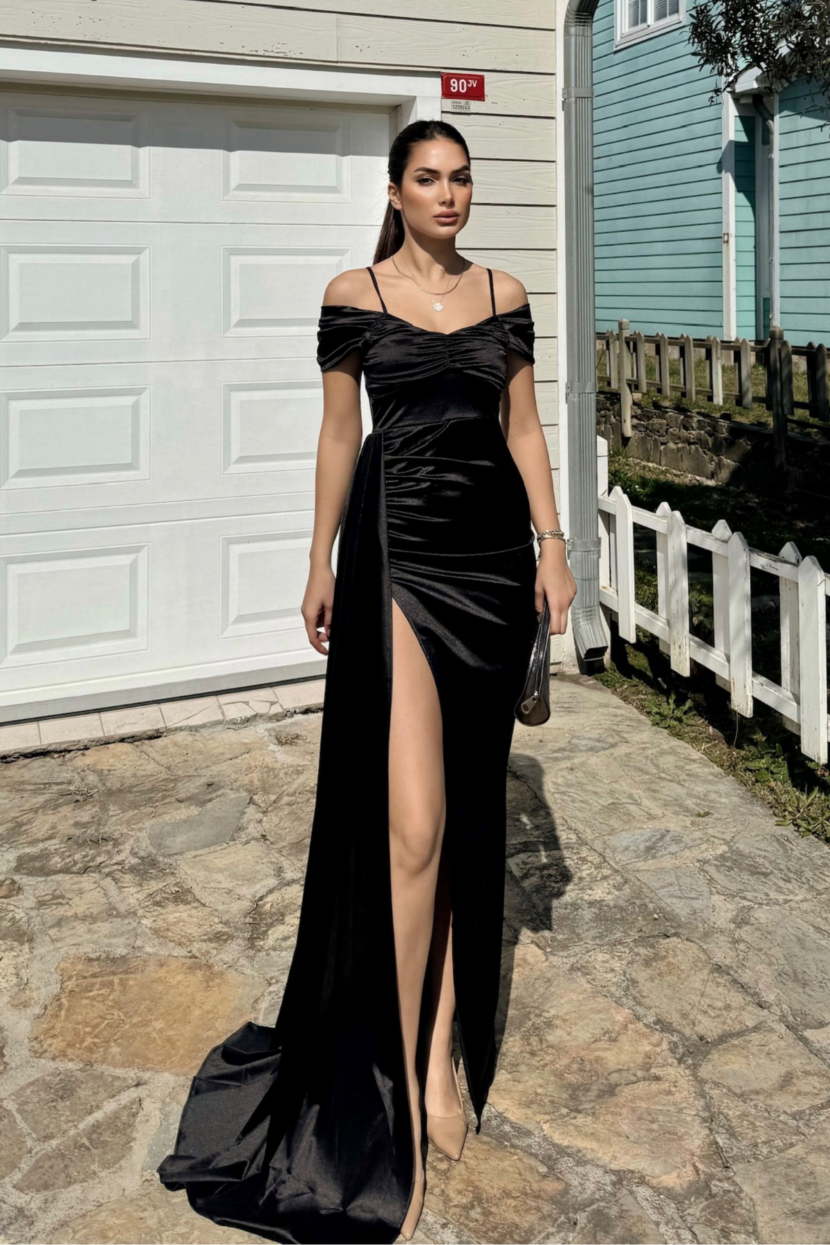 Stone Drape Yaka Yırtmaç Detay Kuyruklu Abiye 582553 SİYAH