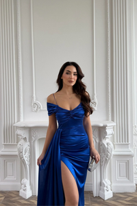Stone Drape Yaka Yırtmaç Detay Kuyruklu Abiye 582553 SAKS MAVİSİ