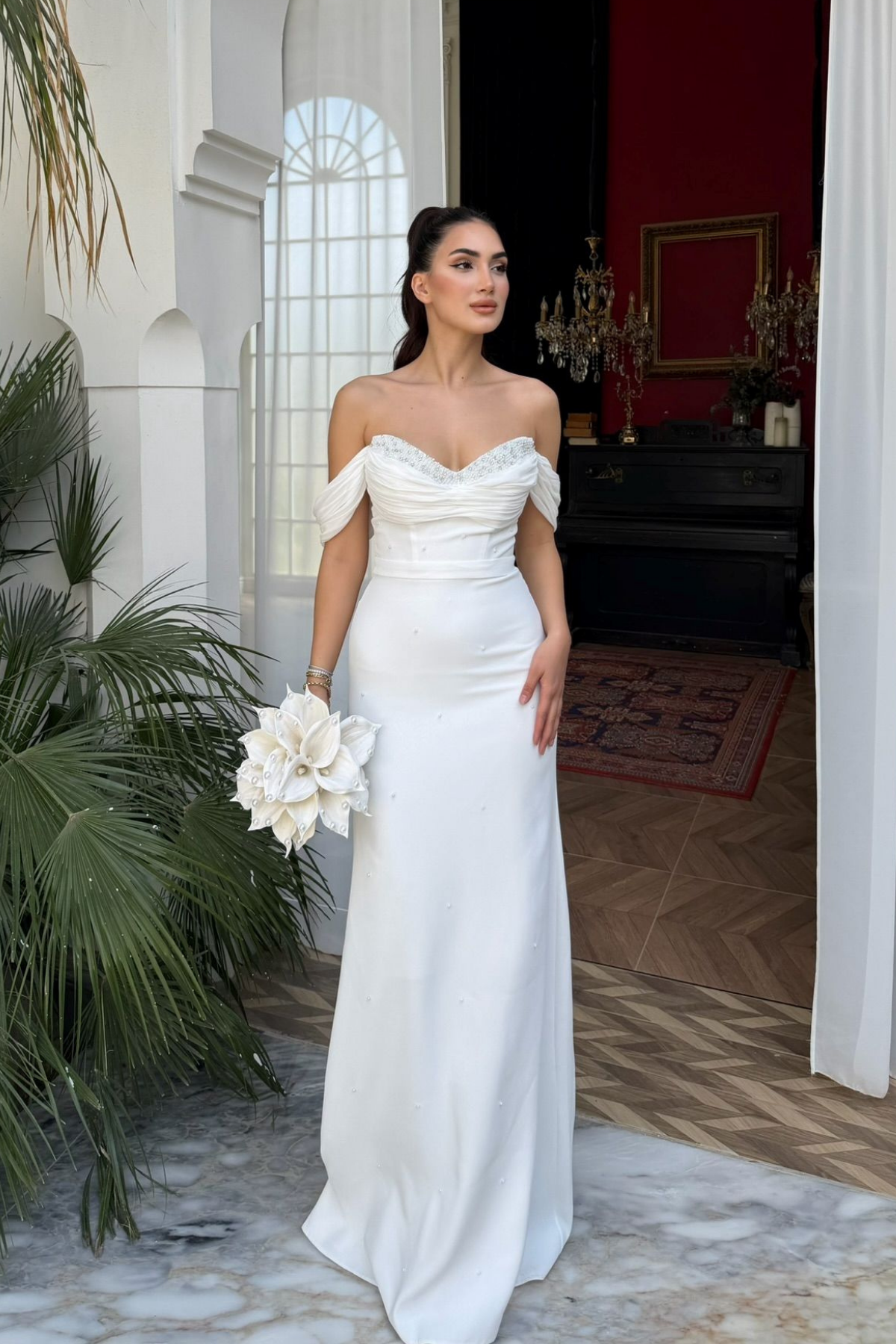 Talya Kayık Yaka İncili Abiye 1061 BEYAZ
