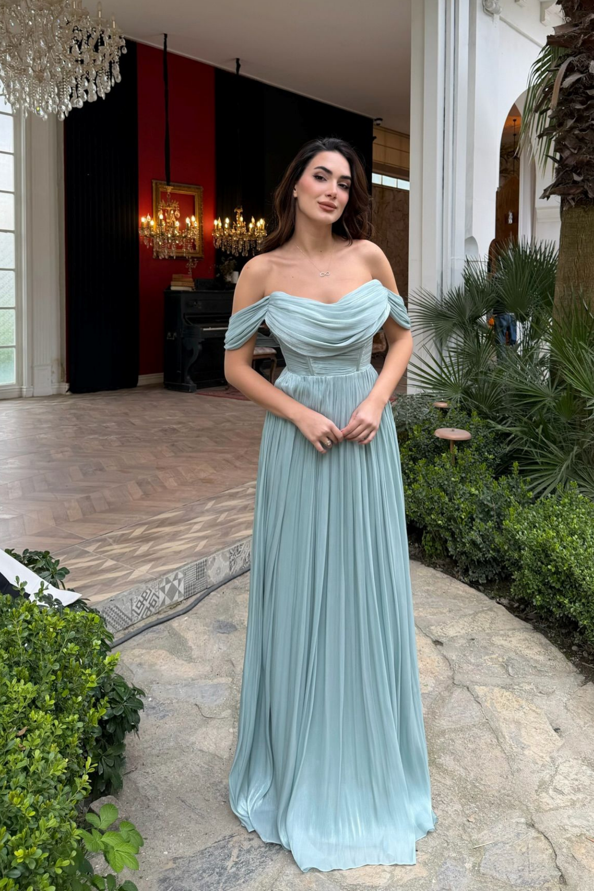 Tamara Düşük Omuz Degaje Abiye 1186 MİNT YEŞİLİ