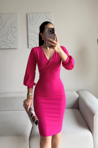 Tuna Kruvaze Yaka Midi Boy Kalem Elbise 58706 FUŞYA K5X FS