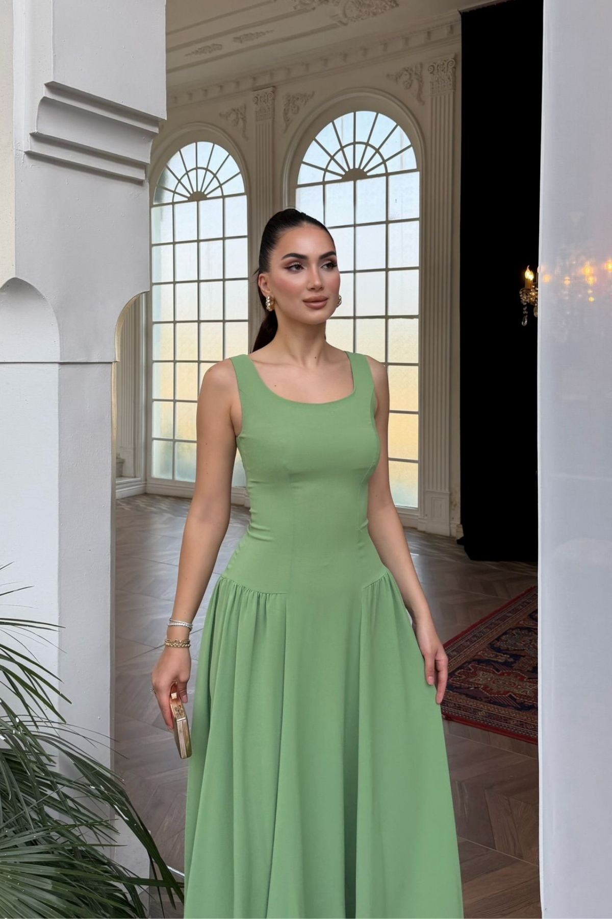 Yıldız Kalın Askılı Midi Elbise 1112 MİNT YEŞİLİ