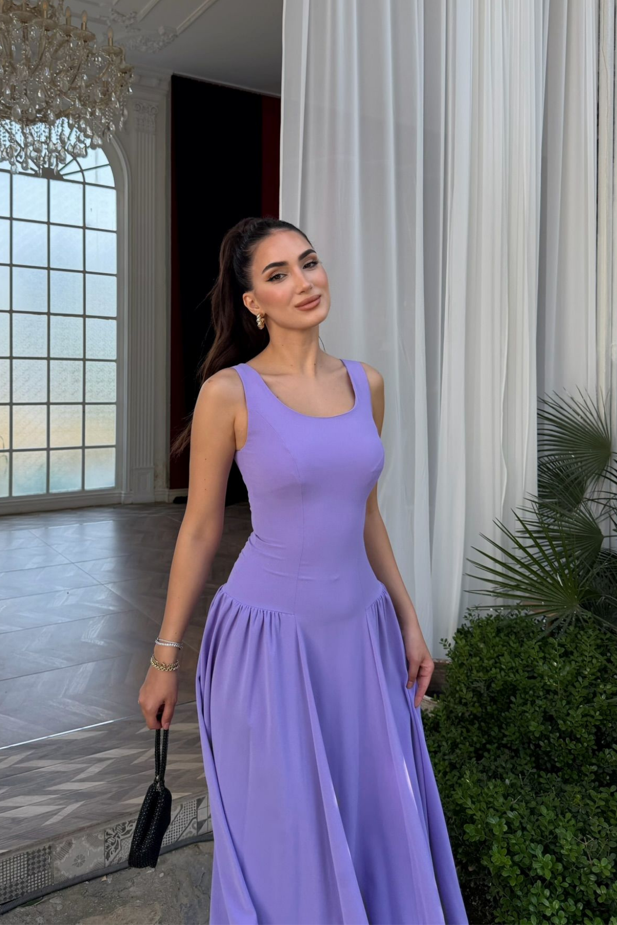 Yıldız Kalın Askılı Midi Elbise 1112 LİLA
