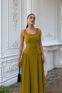 Yıldız Kalın Askılı Midi Elbise 1112 YAĞ YEŞİLİ