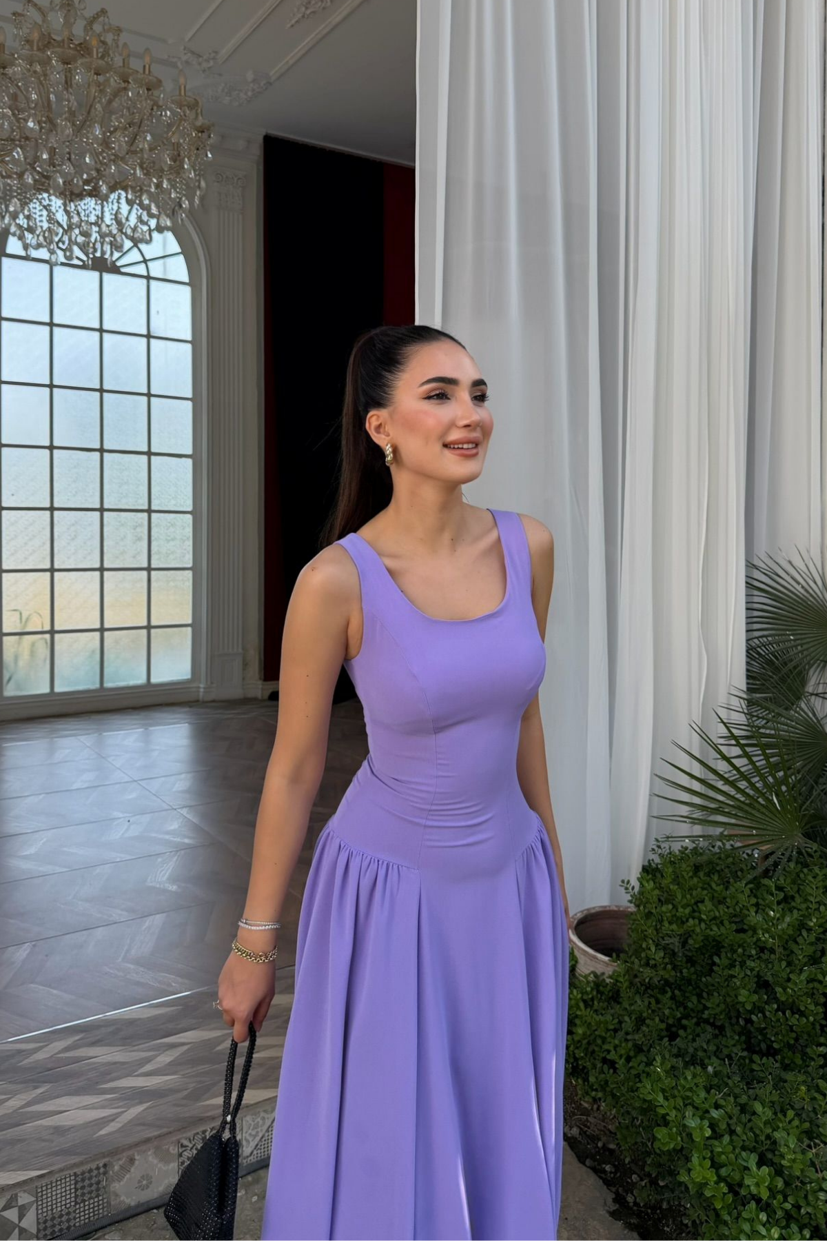 Yıldız Kalın Askılı Midi Elbise 1112 LİLA