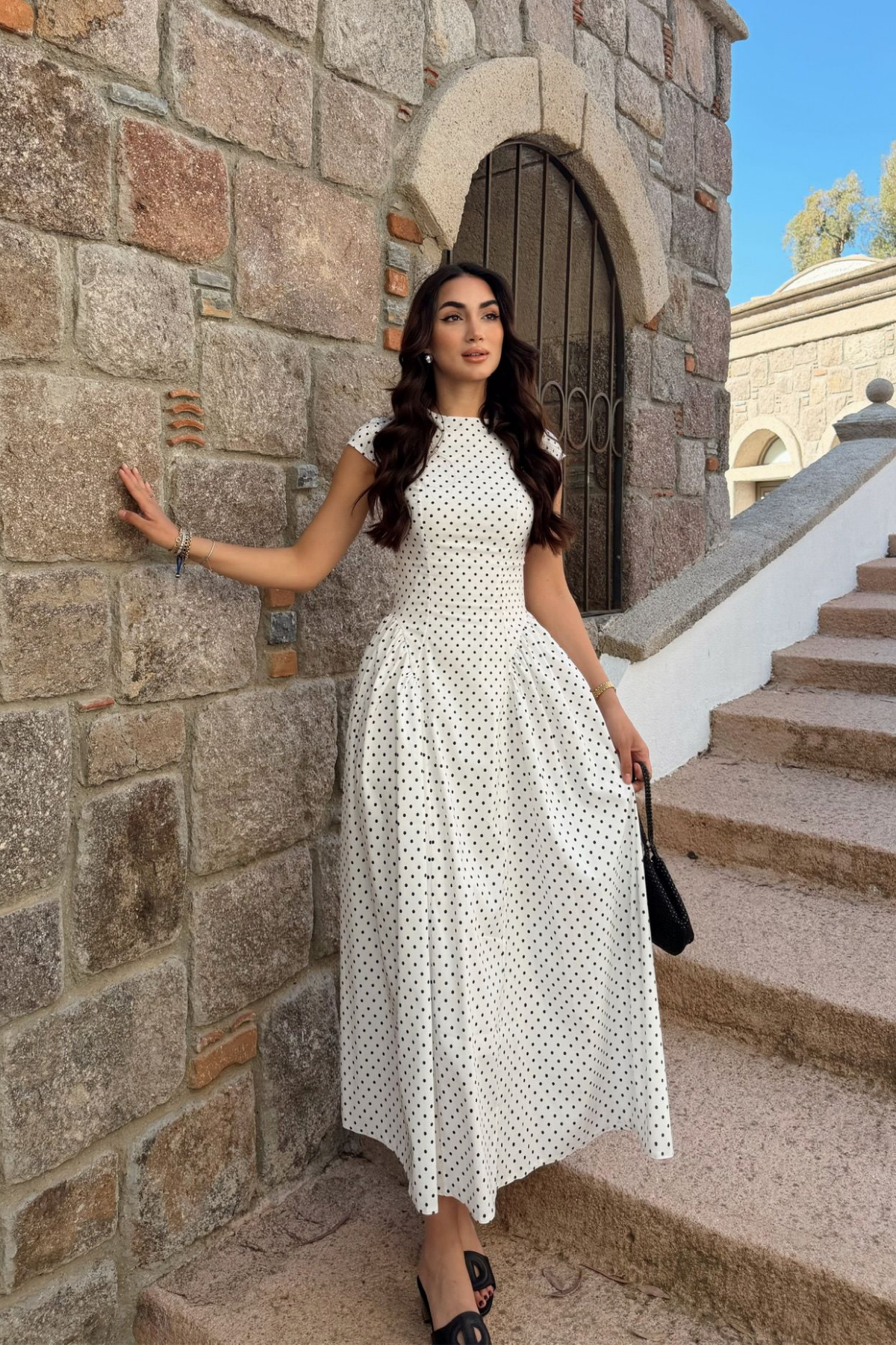 Deniz Puantiye Detay Midi Elbise 221830 BEYAZ