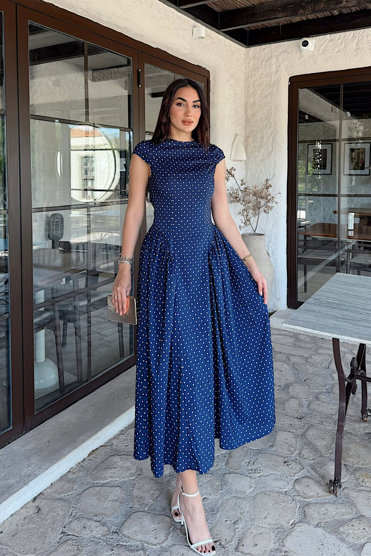 Deniz Puantiye Detay Midi Elbise 221830 LACİVERT