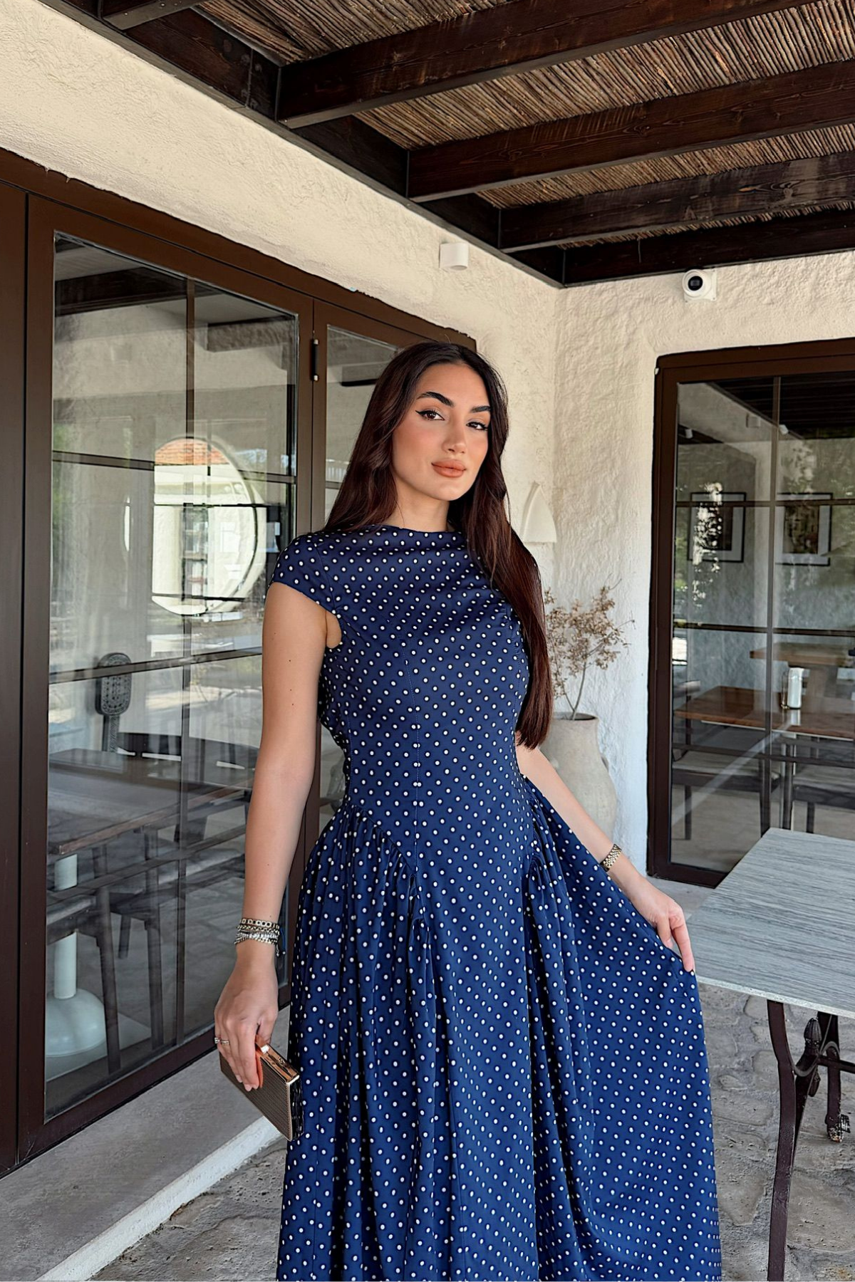 Deniz Puantiye Detay Midi Elbise 221830 LACİVERT