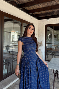 Deniz Puantiye Detay Midi Elbise 221830 LACİVERT