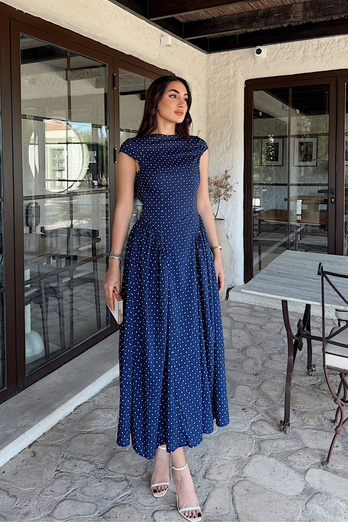 Deniz Puantiye Detay Midi Elbise 221830 LACİVERT