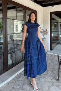 Deniz Puantiye Detay Midi Elbise 221830 LACİVERT
