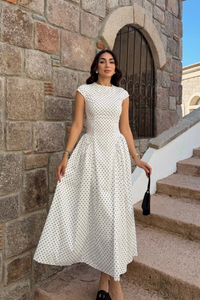 Deniz Puantiye Detay Midi Elbise 221830 BEYAZ