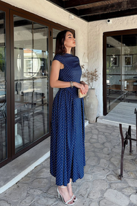 Deniz Puantiye Detay Midi Elbise 221830 LACİVERT